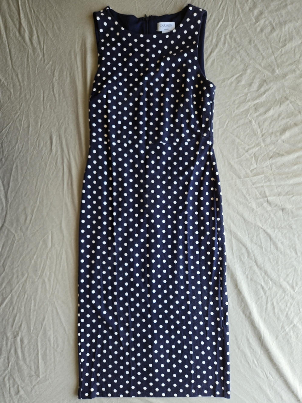 Carmen Marc Valvo Navy Polka Dot Sheath Dress